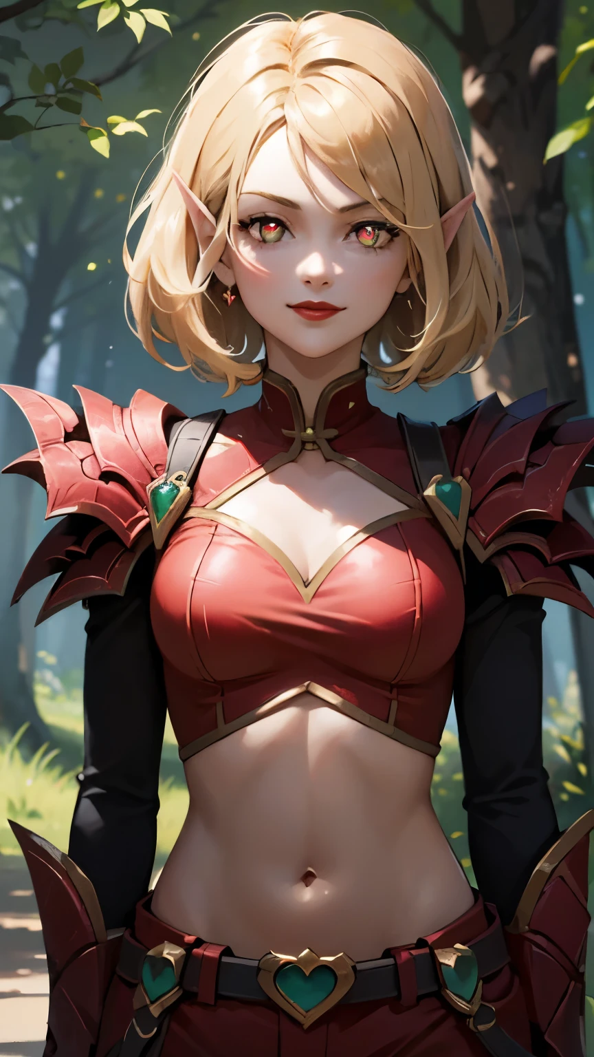 (8K, highest quality, masterpiece:1.2), High resolution, masterpiece, break, beautiful woman, beautifully mouth, highly eyes and face, beautiful fine eyes, upper body, slim body, 20 years old girl, (1girl, short hair, pointy ears, smirk, lustful eyes, red lips) (digital) (Looking at viewer), (Forest background)), best quality, blonde hair, red shoulderpads, black sleeves:1.2, red shirt:1.2, cloth shirt, green eyes:1.2, pink heart shaped pupils:1.4, gold trim on shoulderpads, crop top, navel, bloodelf, anime