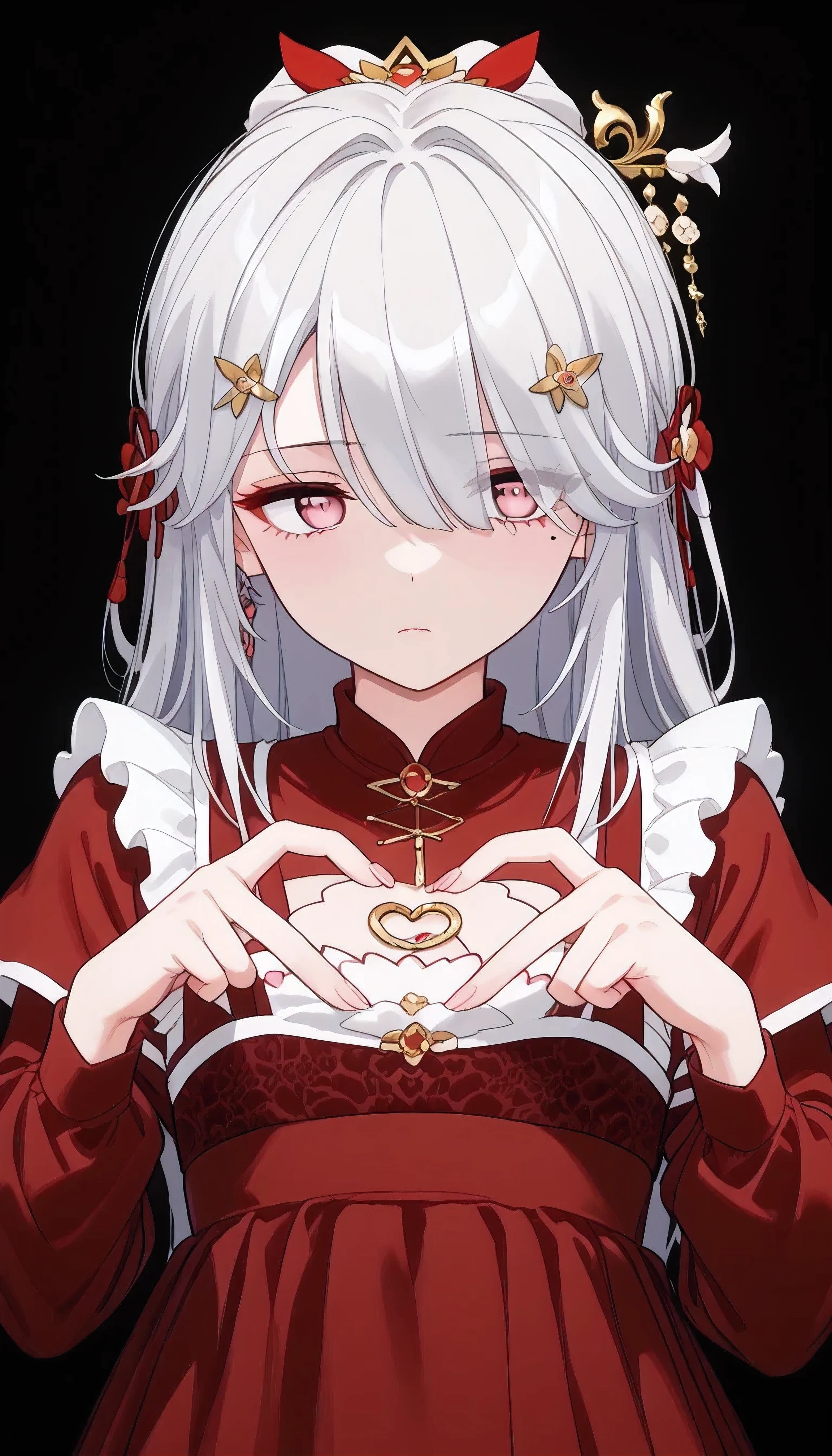UN\(EOE\),one girl,solo,best quality, masterpiece,score_9, score_8_up, score_7_up, score_6_up, score_5_up, score_4_up ,,break,1girl,(dark background), (shaded Lighting),,break, incredibly_absurdres, ,very high resolution, very aesthetic,by famous artist, 8k, 16k,,beauty illustration,photoshop_(large),,(pink eyes:1.2,looking outside),(white hair|Detailed hair|long hair|hairpin|hair tidy up|knot top),(red maid dress),(sleepy, depressed,emotionless,jitome),dilated pupils, empty eyes,one mole under eye,hair over one eye,intense angle, f/16, Canon,upper body,(
heart hands, 4-Finger Heart Hands,)