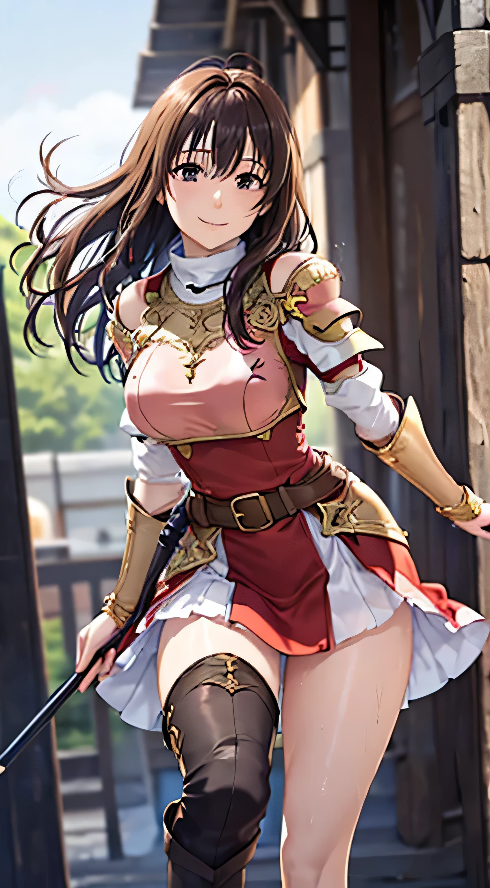 (( , top quality, , Pixel Perfect , 4K,))), 1 Woman , 、 (( medium wave hair 、, light brown hair 、 )), (( brown eyes , beautiful eyelashes , realistic eyes)), (( detailed face , )), (( smooth texture:0.75, realistic texture:0.65, realistic :1.1, anime CG style)), pose using medium bust , dynamic angle , perfect body , (( , ,, , , , wet red and white dress , red and white long flared skirt,Gold Shoulder Armor 、 knee-high boots , gold and black arm guards , belt、 、)), ((( with no sense of incongruity , hold the skirt with your hand)))、 cross necklace 、 the wind is blowing 、 ( Vast Prairie )、I can see the sea in the distance 、、、 、 cute smile、(Bright Red Shy Smile ) 、 Stick Out Your Butt、、、、 pink lace panties ) 、 lean forward、 angle from below