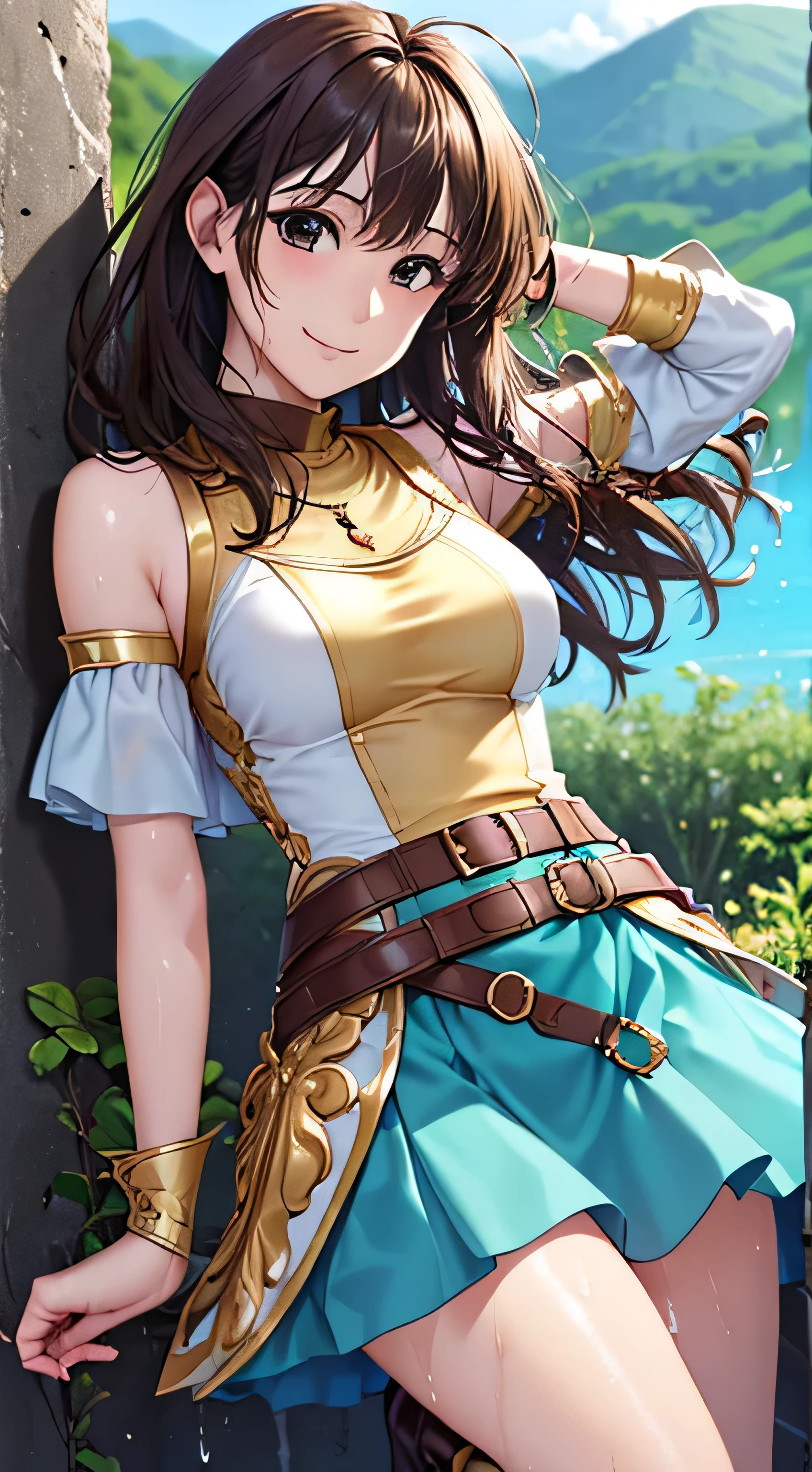 (( , top quality, , Pixel Perfect , 4K,))), 1 Woman , 、 (( medium wave hair 、, light brown hair 、 )), (( brown eyes , beautiful eyelashes , realistic eyes)), (( detailed face , )), (( smooth texture:0.75, realistic texture:0.65, realistic :1.1, anime CG style)), pose using medium bust , dynamic angle , perfect body , (( , ,, , , , wet white and blue dress , white and blue long flared skirt ,Gold Shoulder Armor 、 knee-high boots , gold and black arm guards , belt、 、)), ((( with no sense of incongruity , hold the skirt with your hand)))、 cross necklace 、 the wind is blowing 、 ( Vast Prairie )、I can see the sea in the distance 、、、 、 cute smile、Bright Red Shy Smile 、 Stick Out Your Butt、、、、)、