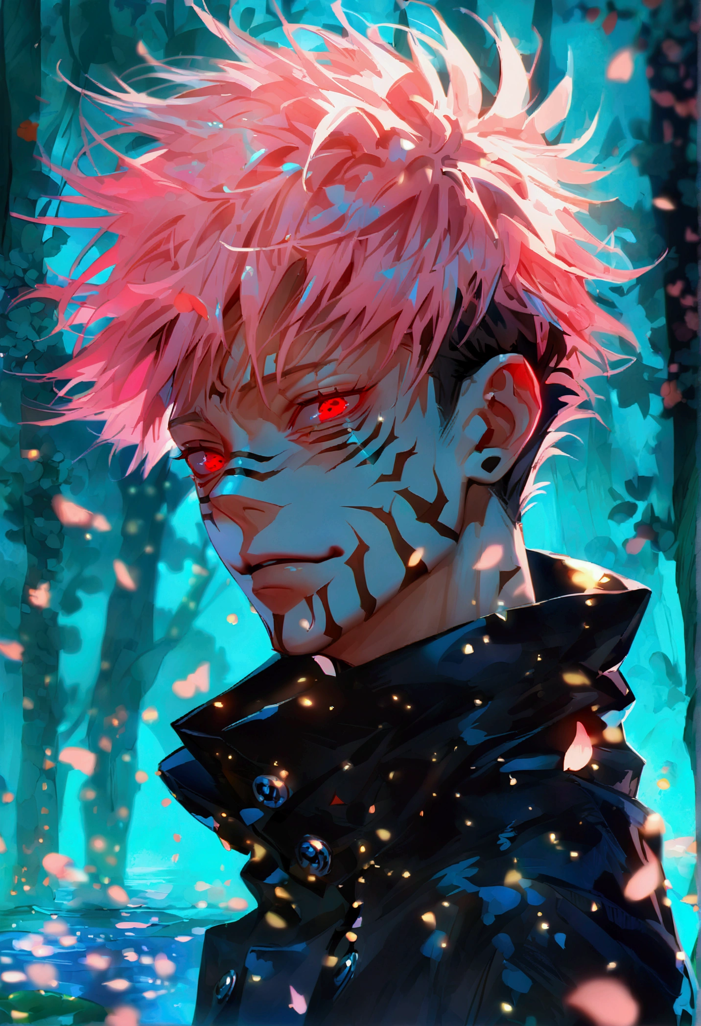 Ultra detailed, highres, absurdres, HDR, Ryomen Sukuna, pink hair, red eyes, Jujutsu Kaisen, black jacket, handsome, 1 man only, mad expression, fireflies, blue forest, petals, water, evil smile