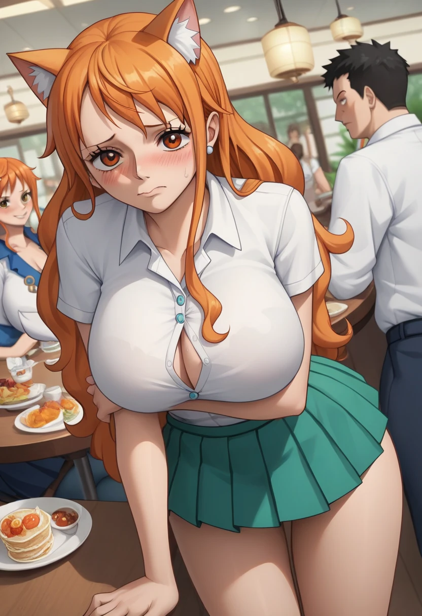 score_9, score_8_up, score_7_up, source_anime, best quality, clear face, Nami, orange hair, orange eyes, long hair, large breasts, perfect body, looking at viewer,embrassed cute lewd playful,nervous ,watered eyes, china d, dynamic angle,blushing,embrassed,big boob, white shirt and mini blue pleated skirt,bending over,big sexy thighs,o,in the restaurant,lot of boys with big bulges looking at her covering crotch,catgirl ears,catgirl face,