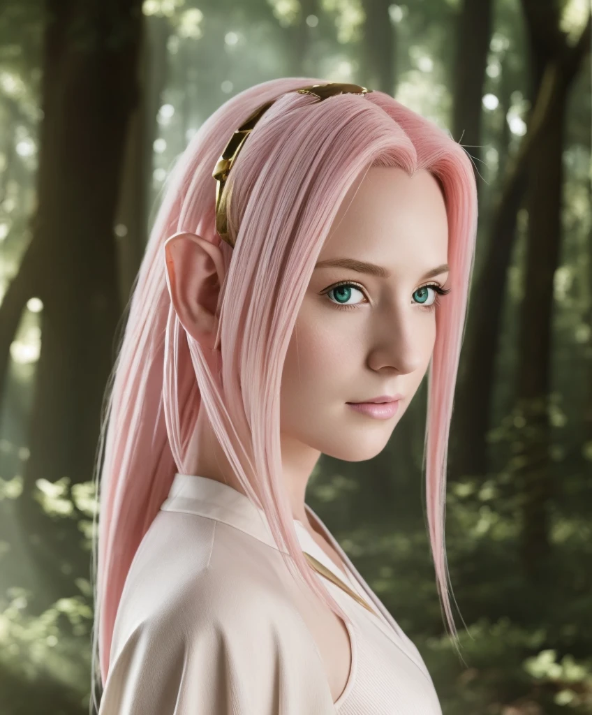 "Portrait of a full-body, ethereal-looking elf in an enchanted forest, looking straight ahead.  Her long, golden hair , with soft waves ,  cascades over her shoulders ,  and wears a hairstyle with a delicate braid that frames her face .  Her pointed ears ,  characteristics of her race ,  stand out among the golden locks .  Her expression is serene but intense ,  with pink lips and deep-looking eyes ,  that seem to contain a mixture of wisdom and melancholy .  She wears a white dress with a soft texture and gold details on the edges ,  that reflects the light of the environment ,  accentuating her mystical air .  The background is composed of a dark sector a technological installation, with a diffuse atmosphere ,  full of faint colors that suggest iridescent flora .  The soft lighting highlights her pale skin and gives her a supernatural aura, Sakura Haruno from Naruto .

