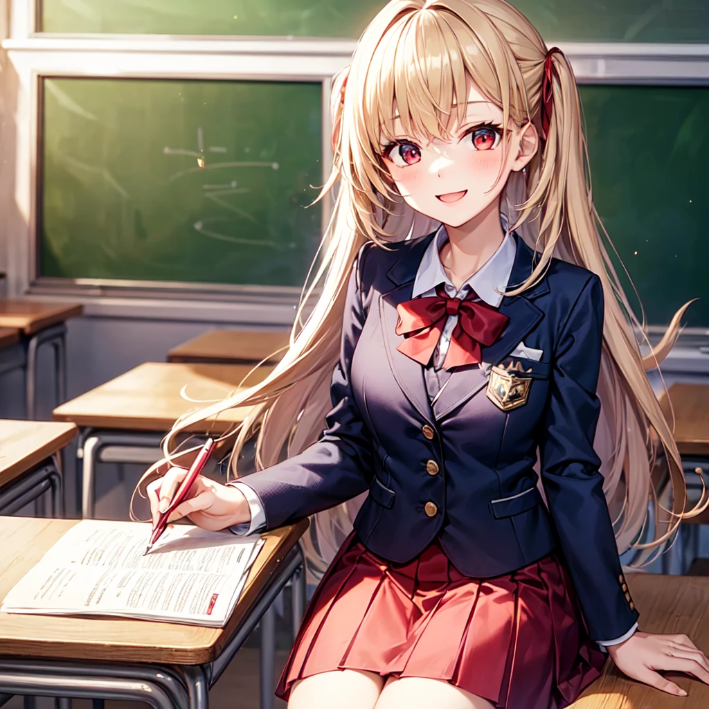 “The cheerful girl sits at her desk in the classroom, showing off her handwriting with a proud expression while holding her glittery pen. Her classmates in the background are laughing out loud, reacting to her silly claim. The atmosphere is fun and lighthearted, with the classroom still visible in the background.” long haired blonde schoolgirl,Red eyes, sailor suit, navy blue blazer,Red skirt,Red ribbon,smile