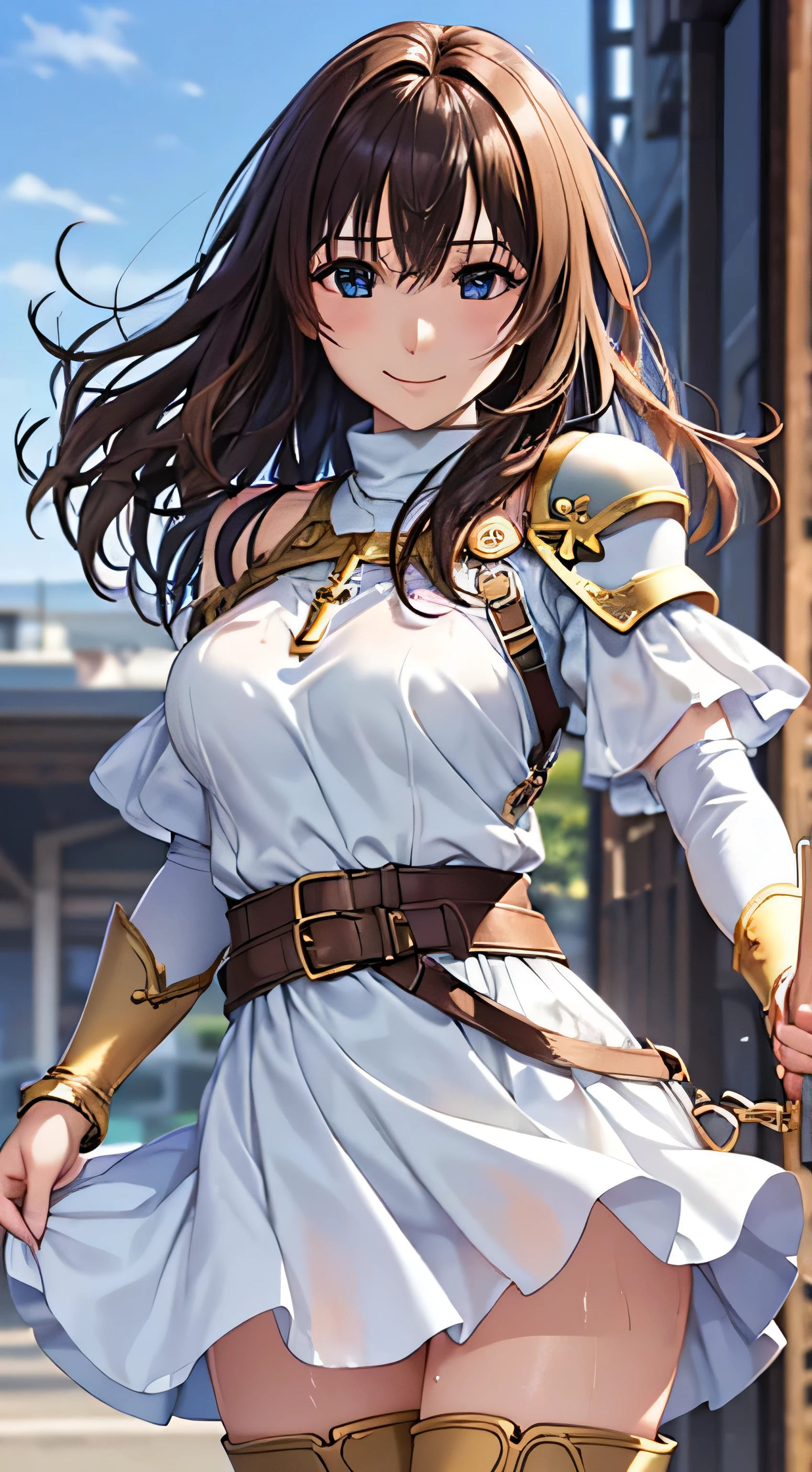 (( , top quality, , Pixel Perfect , 4K,))), 1 Woman , 、 (( medium wave hair 、, light brown hair 、 )), (( brown eyes , beautiful eyelashes , realistic eyes)), (( detailed face , )), (( smooth texture:0.75, realistic texture:0.65, realistic :1.1, anime CG style)), pose using medium bust , dynamic angle , perfect body , (( , ,, , , , wet white and blue dress , white and blue long flared skirt ,Gold Shoulder Armor 、 knee-high boots , gold and black arm guards , belt、 、)), ((( with no sense of incongruity , hold the skirt with your hand)))、 cross necklace 、 the wind is blowing 、 ( Vast Prairie )、I can see the sea in the distance 、、、 、 cute smile、Bright Red Shy Smile 、 Stick Out Your Butt、、、、)、