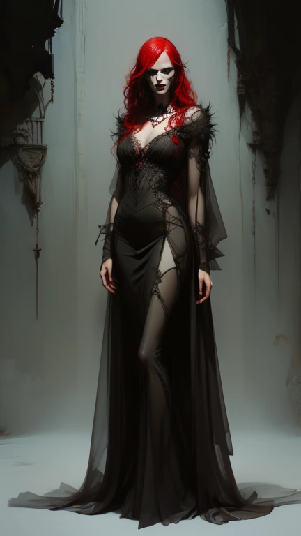  full body . Vampire woman, Nostalgic, seductive,  beautiful face , gothic face ,  sharp face  ,  delicate face  , Female face, Abundant red hair, Ojos rojos , delgado,  average breasts, elegant, ropa elegant,  full body , realistic look, sharp focus face  , realistic look texture,  Analog Style  ,  dim and changing lighting , atmospheric,vampire), (goth vampire) (  full body )