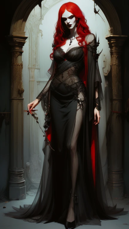  full body . Vampire woman, Nostalgic, seductive,  beautiful face , gothic face ,  sharp face  ,  delicate face  , Female face, Abundant red hair, Ojos rojos , delgado,  average breasts, elegant, ropa elegant,  full body , realistic look, sharp focus face  , realistic look texture,  Analog Style  ,  dim and changing lighting , atmospheric,vampire), (goth vampire) (  full body )