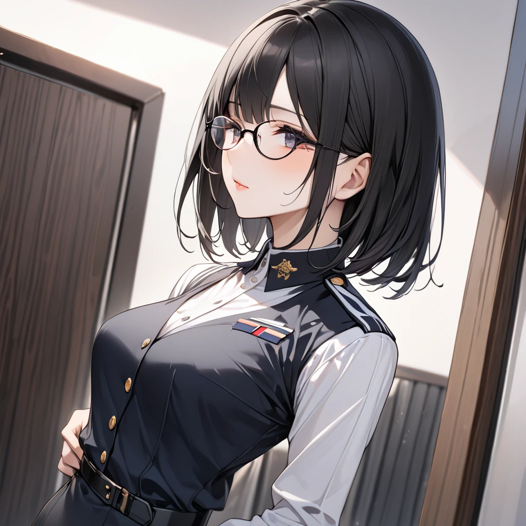 (( best quality)), ((masterpiece)),One female, black hair、Bobbed hair、Cut long、  my eyes are black、Glasses、, has a slender figure, and has a B-cup chest ,  a cool beauty with a relaxed vibe。 Wearing military uniform 