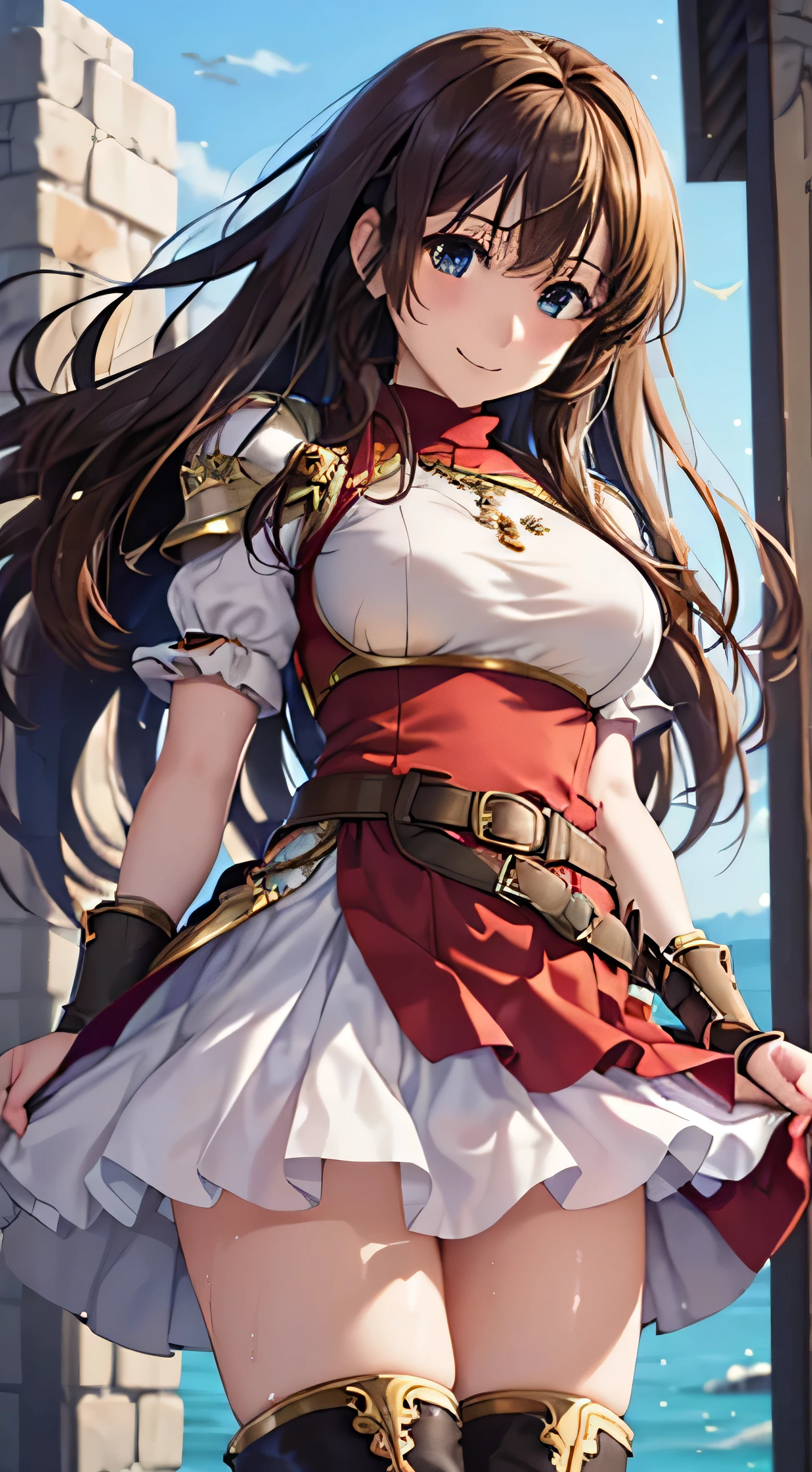 (( , top quality, , Pixel Perfect , 4K,))), 1 Woman , 、 (( medium wave hair 、, light brown hair 、 )), (( brown eyes , beautiful eyelashes , realistic eyes)), (( detailed face , )), (( smooth texture:0.75, realistic texture:0.65, realistic :1.1, anime CG style)), pose using medium bust , dynamic angle , perfect body , (( , ,, , , , wet red and white dress , red and white long flared skirt,Gold Shoulder Armor 、 knee-high boots , gold and black arm guards , belt、 、)), ((( with no sense of incongruity , hold the skirt with your hand)))、 cross necklace 、 the wind is blowing 、 ( Vast Prairie )、I can see the sea in the distance 、、、 、 cute smile、(Bright Red Shy Smile ) 、 Stick Out Your Butt、、、、 pink lace panties ) 、 lean forward、 angle from below