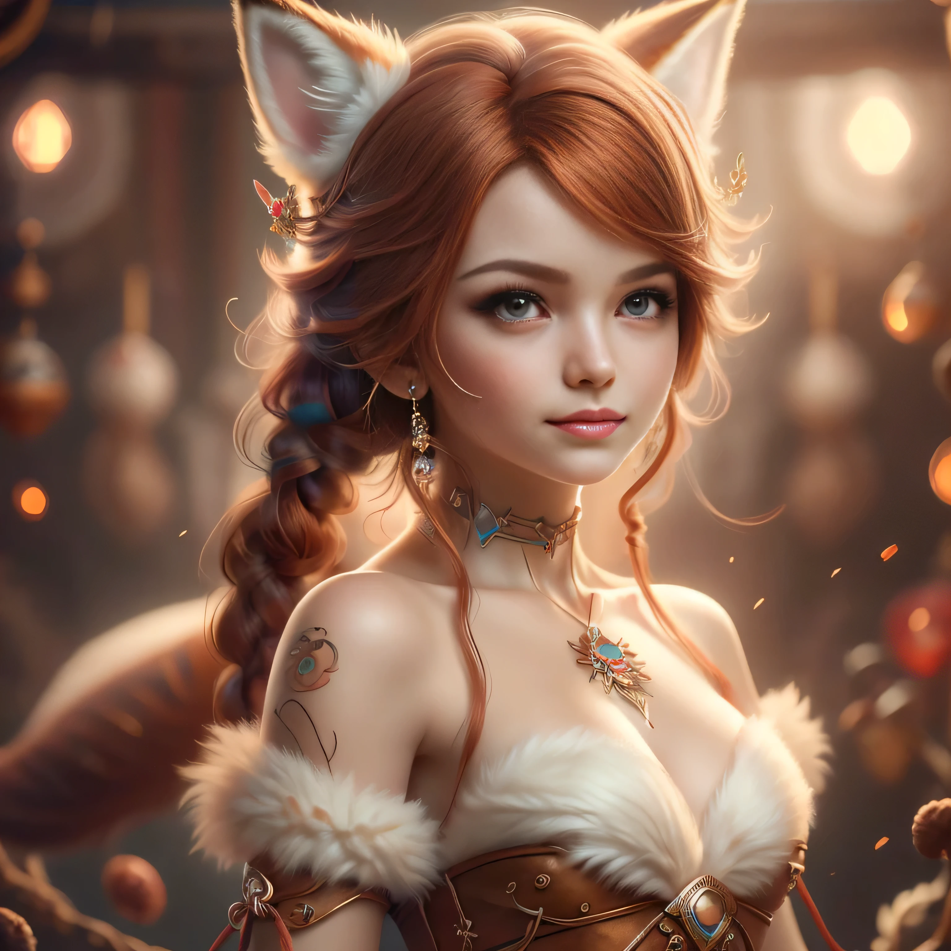 (Best Quality, Super Detail, Masterpiece, Representative Work, Official Art, Professional, Super Fine Detail, 8k:1.3), (Full Body) a doll with red hair and a fox ears, portrait of a goth foxgirl, dollpunk, artdoll, [ trending on cgsociety ]!!, beautiful young foxgirl, wlop loish and clamp style, cgsociety ), cgsociety - w 1 0 2 4 - n 8 - i, cgsociety 9, bjd, cgsociety, Cute girly face, red hair, ((brown)) eyes, 1 girl 25 years old, fox costume, fox tail, furry, girl in furry costume, Vivid colors, Red hair, Innocent expression, Playful features, Christmas background, Natural Lighting, Soft background, Photorealistic, Sparkling eyes, Sharp focus, Glowing skin, Cute and mischievous look, Hint of mischief, Dreamy atmosphere, Delicate details, Soft ambient light, (Backlight:1.3), (Cinematic:1.2), Intricate details, (ArtStation:1.3)