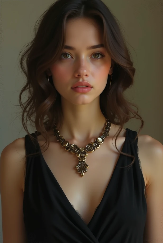 Brown hair, fair skin, one purple one black eye, wearing a black dress, it’s mostly covered expect on her wait, clevedge, and arms. She has long lashes, scars on her arms and thighs (she’s insecure about them) she has gold jewelry on her ears, neck, nose, wrist, ankles, boobs.