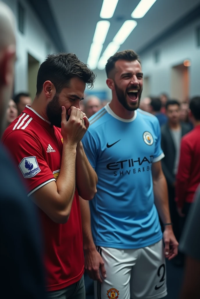 40-year-old men celebrating the Champions League title Manchester City, cane, cute old man, happy, crying with joy, colorful, happiness, fan, Manchester City shirt, English, redhead, blond, in a bar