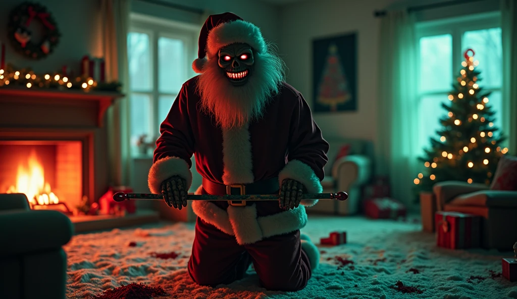 <lora:Harrlogos_v2.0:1> ('Merry Christmas' text logo:1.5),epoxy_skull,<lora:epoxy_skull-sdxl:1>, santa claus stood in Santa's Grotto, dirty ripped santa suit, matted beard, dead Christmas tree, Christmas decorations, ripped empty santa sack, wrecked, trash, litter, graffiti, vandalised,neon, neon paint, smog, surreal, punk, dramatic lighting, bleak, neon graffiti, cinematic, atmospheric, intricate detail, extreme detail, UHD, 8k, <lora:add-detail-xl:1.5>,<lora:JuggerCineXL2:1>,<lora:Neon_Environments:1>
