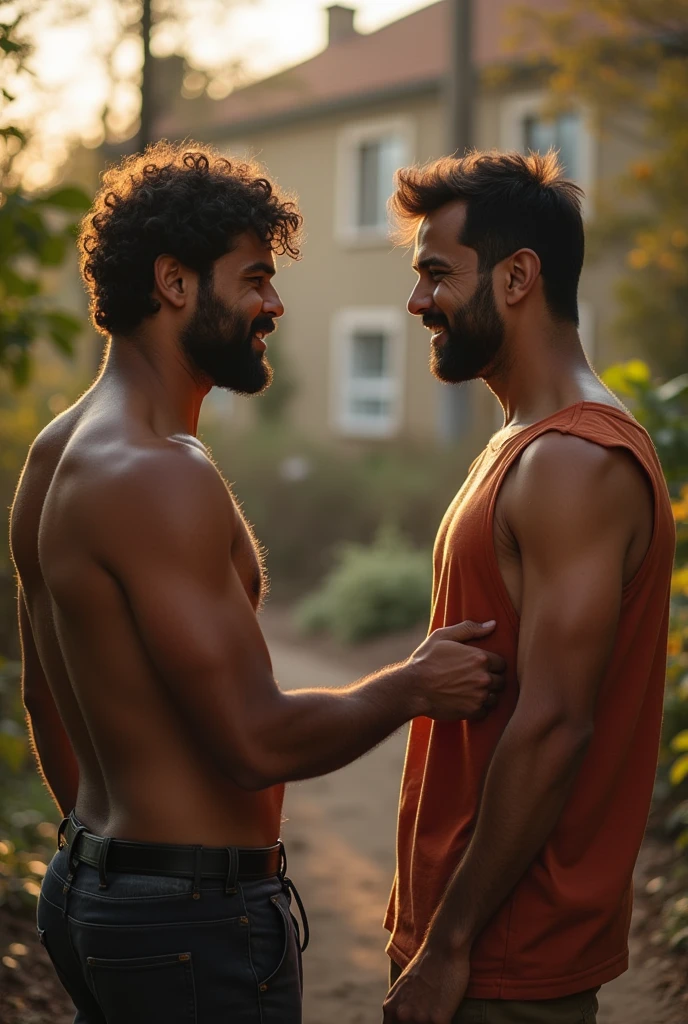 Generate indian realistic handsome small beard hairy chest naked gay huge each other