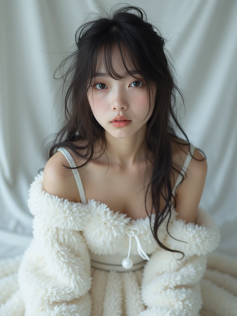 masterpiece、highest quality、cinema、(Detailed both eyes)、(cute japanese woman、bangs:1.3)、23 years old、1 girl、elegant、black hair、(auraroid photo:1.2)
