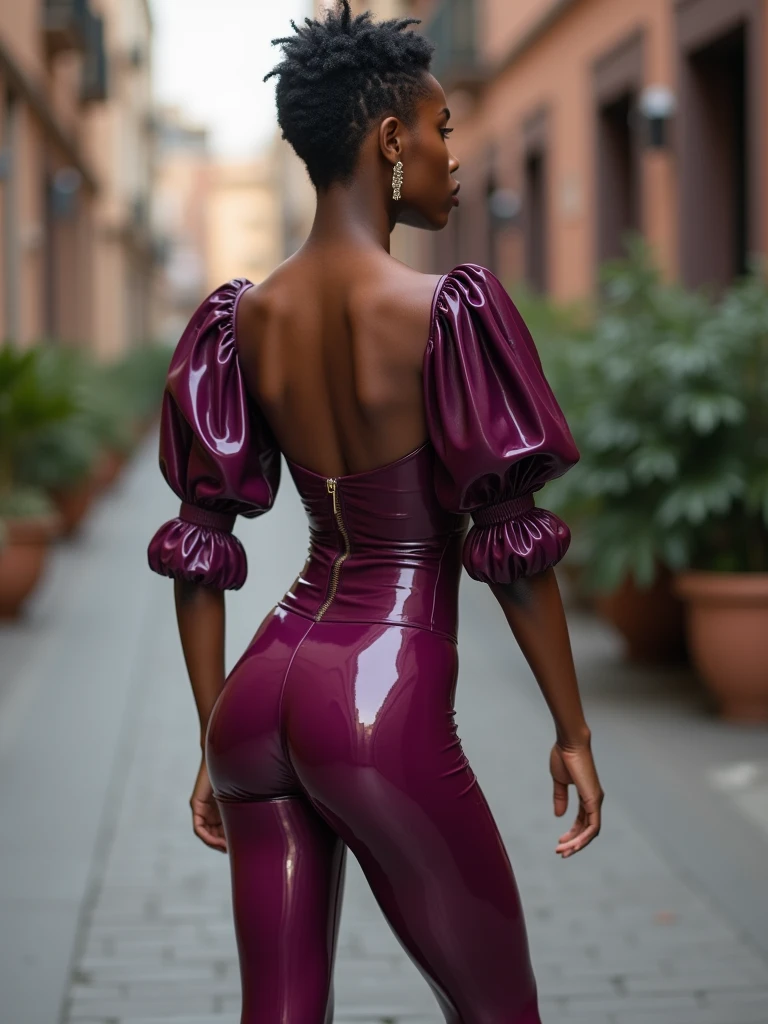 MASSIVE BUTTOCKS, translucent plastic leggings, UHD, library sidewalk, She's a dark skin melanin Goddess, with waist of infinite smallness, plum translucent puffy sleeves, muscular abs, pixie cut 