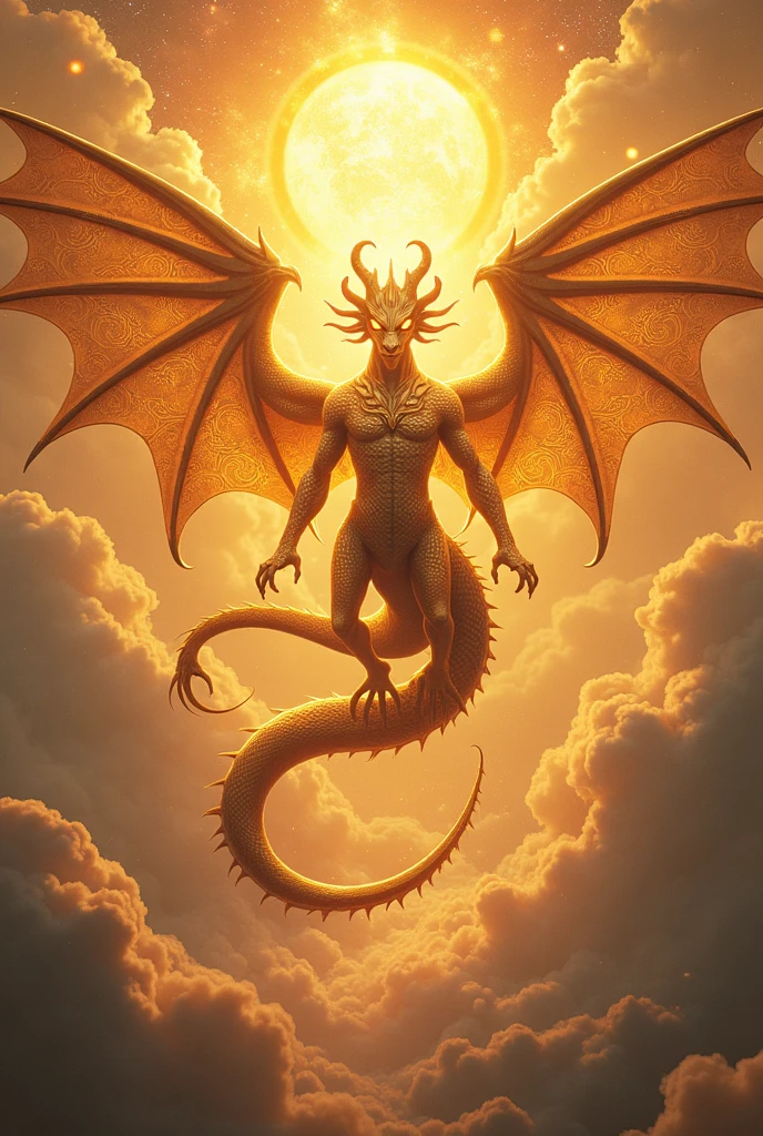 A male angel who is on high, he has golden armor dressed in the sun and as if he were protecting something, he is feared and he is an angel of divine light., carrying a sword of fire in a sky with dark gray clouds having a divine light from God, fighting a fierce battle with a big red dragon terrible and frightening with two wings four feet with horns and a tail