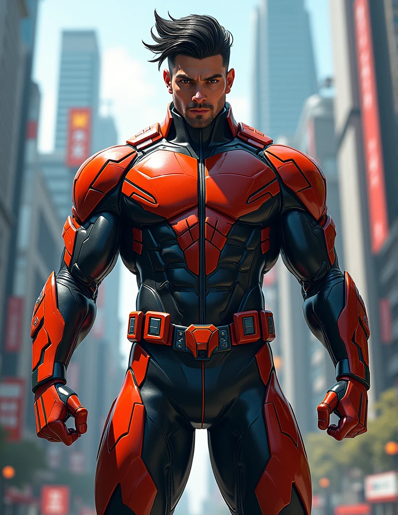(Best quality), masterpiece, extremely detailed, 2k wallpaper, amazing, finely detail, extremely detailed, 8k wallpaper, huge file size, ultra detailed, a high resolution, realistic face, realistic body, big bulge, man, 30 years, very short haircut, shaved temples, Red hair, Blue eyes, thick stubble, Dressed in a black latex suit, A full body suit, He is wearing a jacket over a latex suit