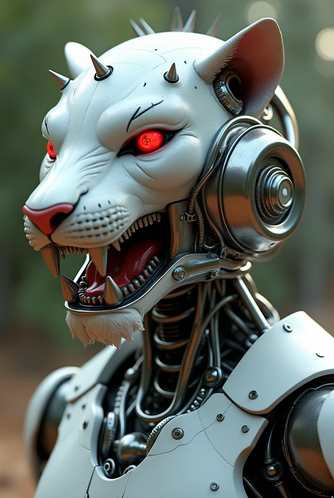 A shoulders up portrait of a cyborg, his head looks like a white tigers head and the head is full of cybernetic implants, it has a bulky artificial eye with a big red lens, his ears are made of titanium, the chin is reinforced with a shiny steel plate shaped to protect the chin, its teeth are made from pure silver and are spikey and ultra sharp, on the neck we see the steel rods, cogs, wires and high tech electro motors that serve the purpose of maximum mobility of the neck, the cyborg has half of its scalp covered with a titanium plate that has sharp spikes, the cyborg roars at the viewer, the background is an abandoned futuristic zoo, detailed textures, focused dynamic lighting, natural and realistic colors, Octane render, 16k