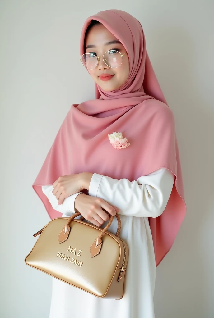 wearing a white hijab, wearing a pink shirt with white spots, wearing a white skirt,full body