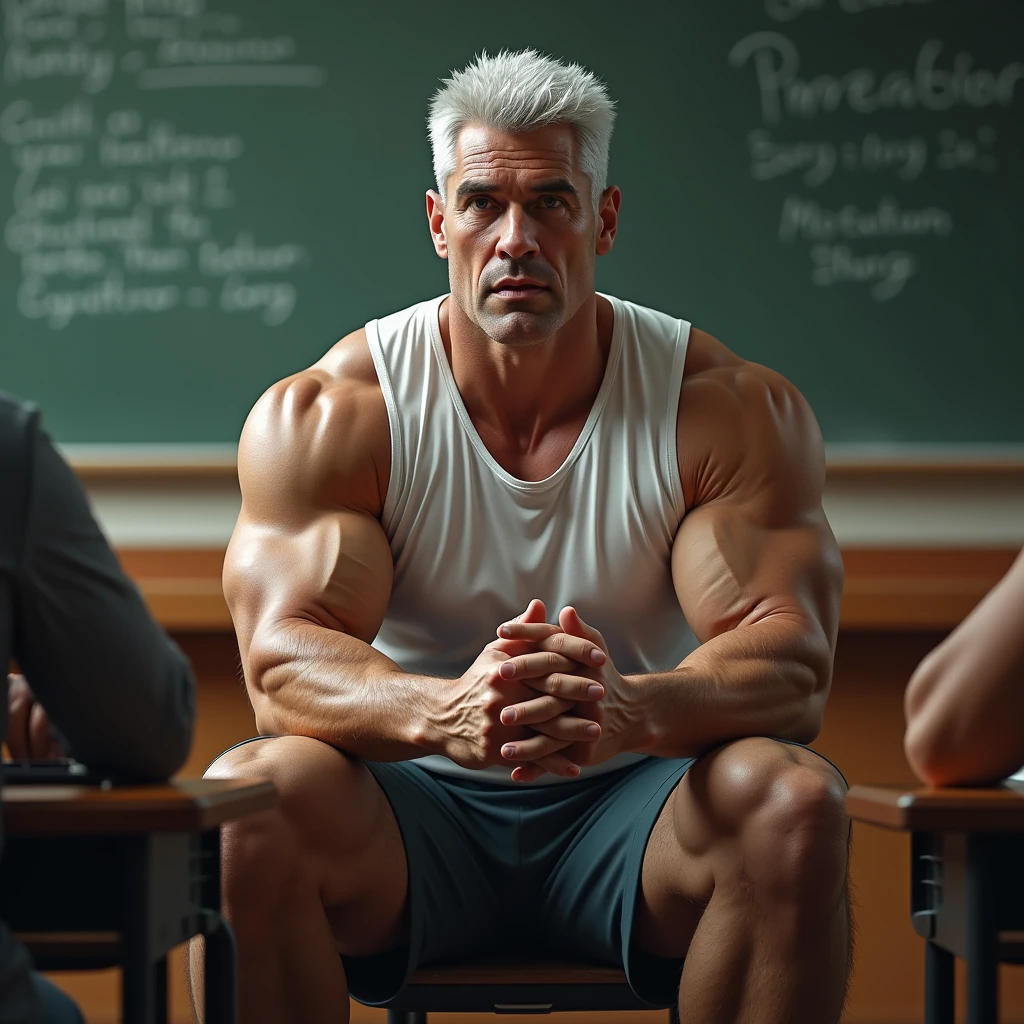 An anime teacher arguing with the viewer, very lewd, Stately, lateral view, below pov, fully body, 50 years old, grey short hair , thick grey beard, dark oliva skin color, oiled skin, wide pectorals, huge pecs, hair chest, big nipples, sultry posing, he is in the classroom, , many students, wearing a wet white cleavage shirt and a tight speedo underwear, wet body, bare arms, big bulge, Large protrusion in the groin, thick thights, Wonderful highly detailed masterpiece, beautiful cinematic light deep focus, chic, digitalpainting, seeds, sharp focus, golden ratio, dramatic lighting, 8k