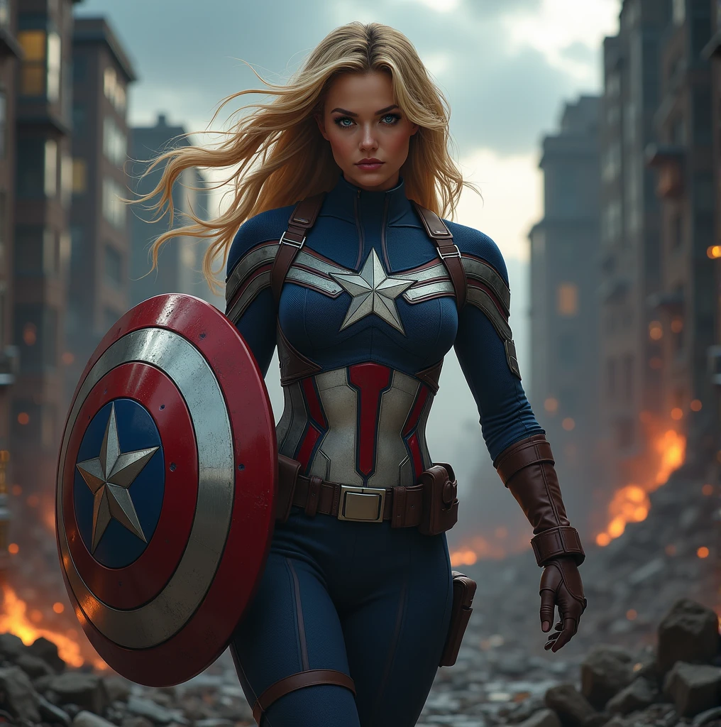 a teenage girl with blue eyes and blond hair looking up the sky in a leotard suit of captain america, standing on a destroyed street