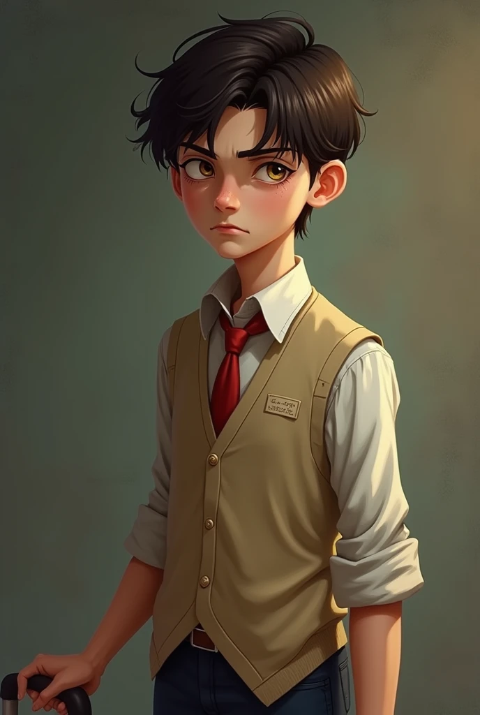 A 15 year old boy with oval face shape;almond eyes dark brown eyes; black hair ;tilted eye brow; sharp jawline; wearing half sleeve shirt with green tie and skin color paint; with a belt skin color is fair broad shoulders and big arms