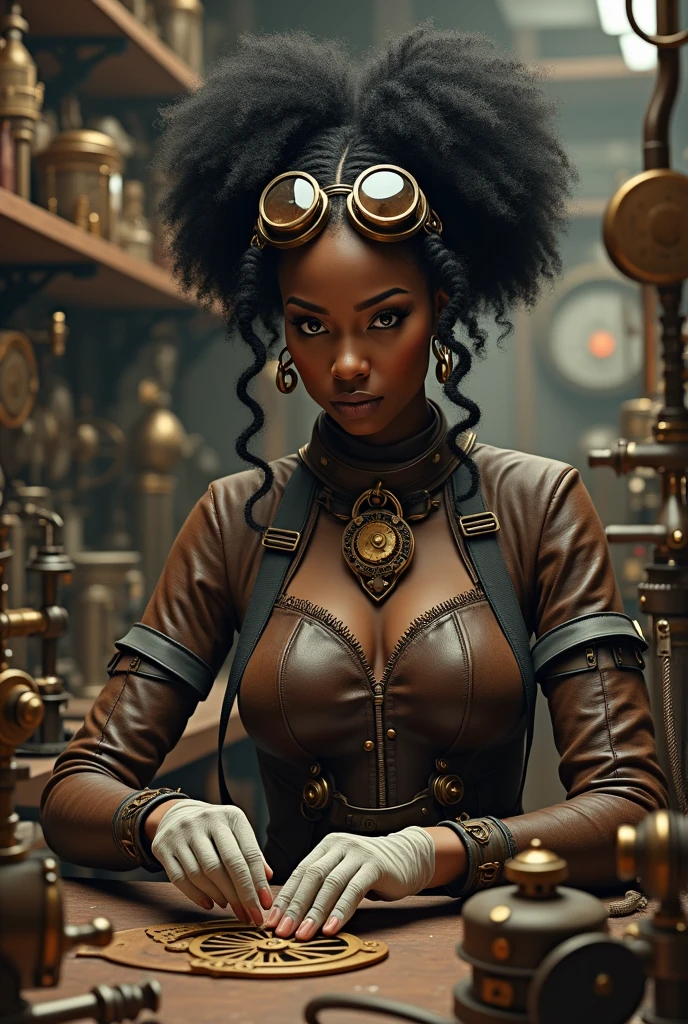 there is a African woman in a steam punk outfit standing in front of a clock, a steampunk beautiful goddess, african steampunk alchemist, clockwork woman, steampunk digital art, steampunk pin-up girl, digital steampunk art, steampunk beautiful anime woman, steampunk imagery themed, golden steampunk, clockwork steampunk, steampunk girl, a black dieselpunk policewoman, steampunk fantasy style, goddess of time
