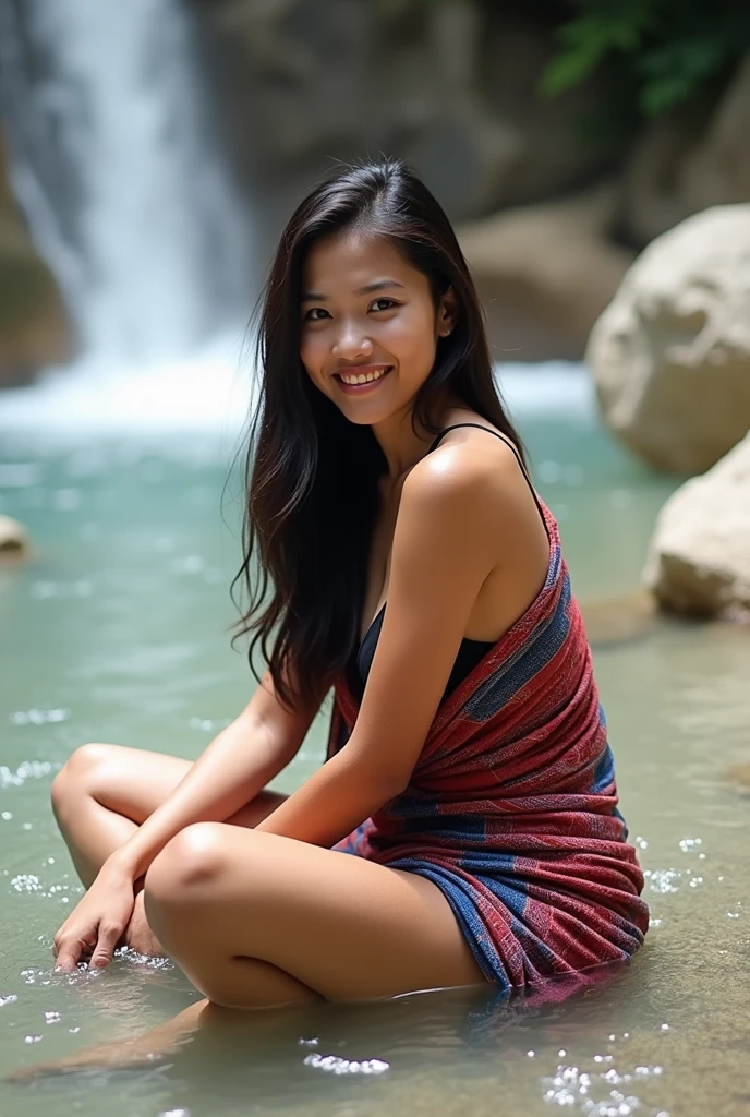 Masterpiece, best quality, 8k, raw photo, photorealistic, portrait, 1 Thai woman 12 years old, long straight hair, wet hair, open forehead, sweet pretty face, perfect eyes,  , High nose, face flushes, detailed skin, Detailed mouth, blushing, Charming smile, Neat look, , SoakingWetClothes, (Short sleeve t-shirt, white), open downblouse, leaning forward, bent over, hands on own knee, flat breasts, skinny hip, short pant jeans, slender legs, half body, she wet, standing on the water, narrow waterfall