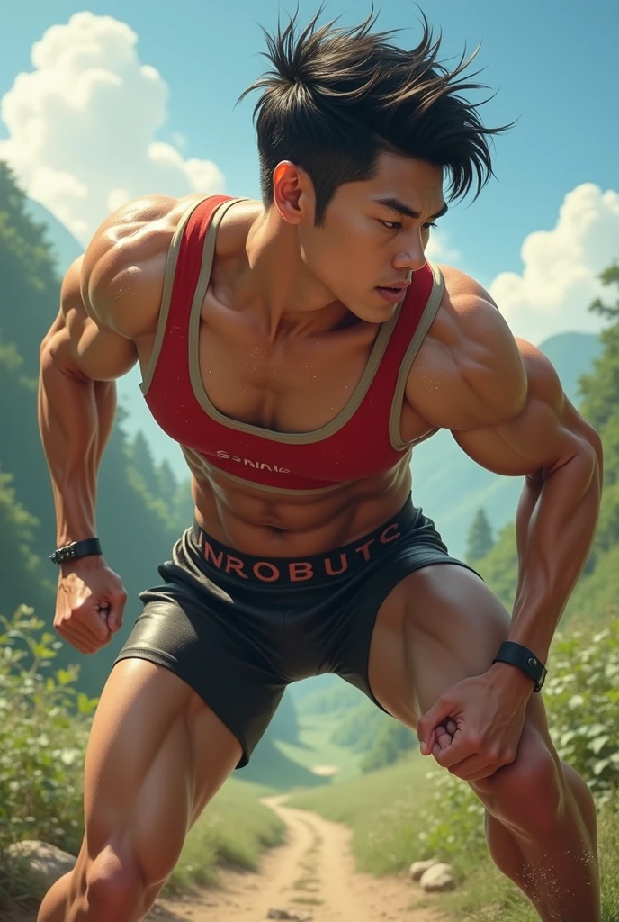 (Ultra actual),Detailed actual,A handsome Asian muscular young man, Guardians of the Forest, godly presence, young god, 18yr old, care for plants, The beautiful, Smooth dark brown hair, 詳細な目, largeeyes, green-eyed, 温柔的ssmile, large muscle, Wear a loincloth, big convex, convex, actual, tmasterpiece, Best quality at best, Perfect lighting, Perfect hands, , hairy bodies, Abdominal hair, Armpit hairy, Chest hair, (, actual skin, Olive skin), Blackening, Outdoor activities, Dark Enchanted Forest, glowworm, bioluminescent mushrooms，(8K分辨率)，Physical Education Student，cool guy，chest muscle，brush cut，largeeyes明亮有神，((ssmile))，standing naturally，Holding a bunch of wild flowers in hand，sitting on the stone