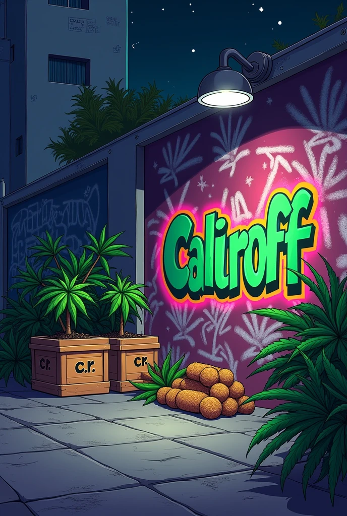 springfield dans un parc la nuit avec un mur ou il y'a tagé Cali Weed35 avec des feuilles de weed et contre le mur a droite une moto cross rouge et noir avec avec 3 boites marron a gauche avec ecrit C.W dessus en cartoon
