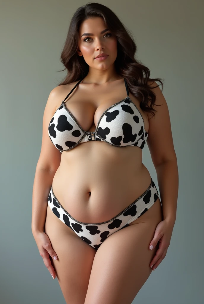 ((Fat plus size model in sexy cow print bikini)), big ass, narrow waist, (posing in a meadow with cows) (leaning forward and holding out her hand)