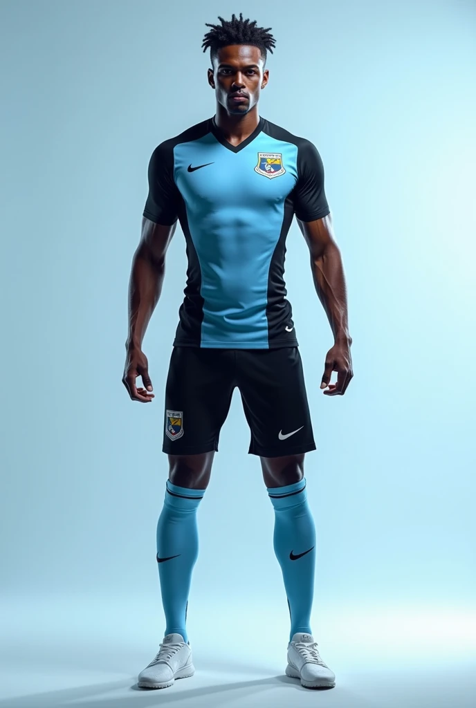 Soccer uniform, clear blue shirt with yellow details, Clear blue short, yellow socks, no sponsors