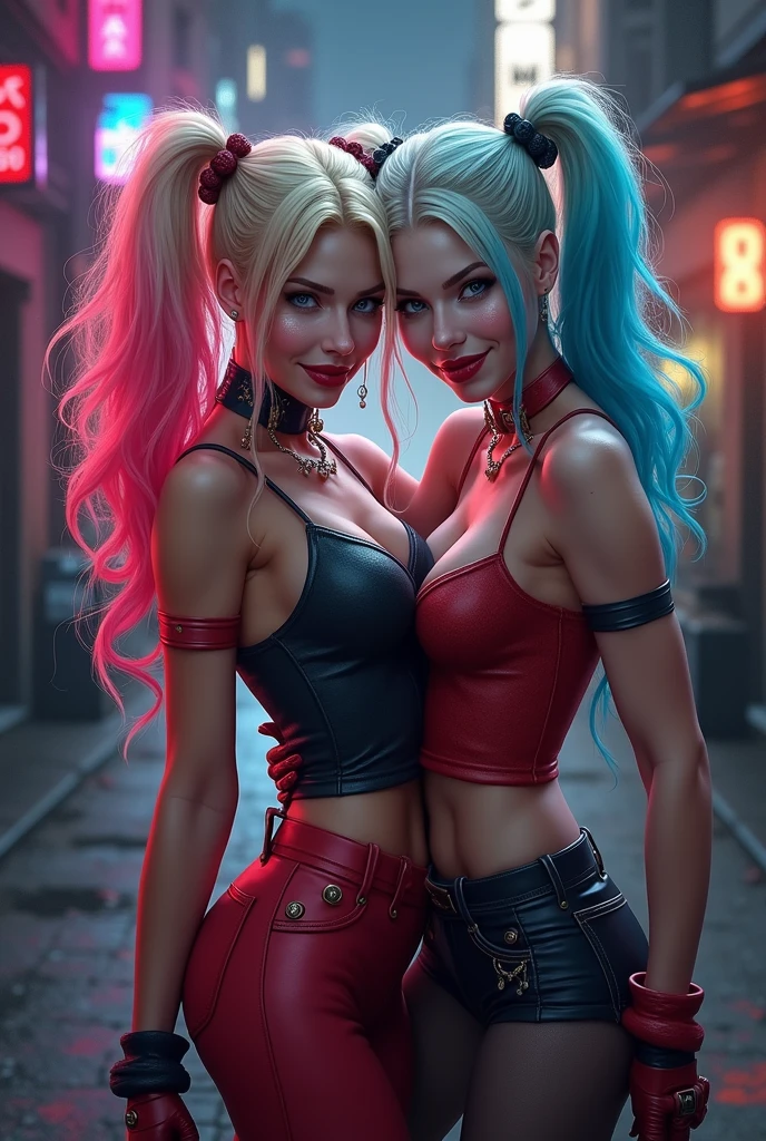 Harley Quinn (best quality), with long hair, neckline top with large breasts, big butt, turned legs, nipple sticker, tattoo below navel office room, masterpiece, ultra detailed, highest quality photography, 4k quality, best quality, textured skin, anatomically correct, super detail, realistic, realistic eyes, perfect face, perfect eyes, best quality wallpapper, colorful, full bodyYvonne strahovski. Harley Quinn from DC Comics beautiful Hungarian woman, intricately decorated, realistic rendering Character design, photorealistic, unreal mechanism, hyperdetailed. ((best quality)), ((masterpiece)), ((realistic)), (detailed), close-up portrait, full-body portrait, blue eyes, black and red costume, highly detailed skin and hair, looking at the viewer, stunning gradient colors, sadistic smile, detailed background, city at night, detailed mouth, incredibly detailed, ((masterpiece)), absurdities, HDR.
