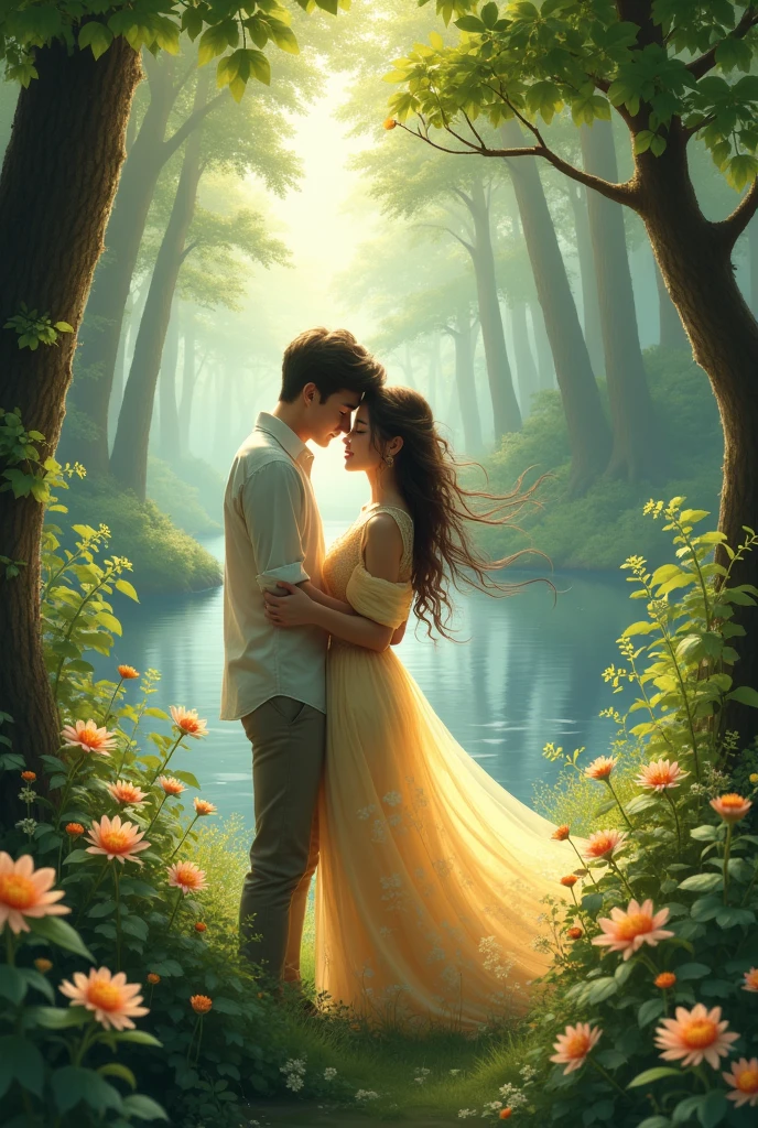   Pregnant woman with long green hair and Asian husband in a daisy garden 
