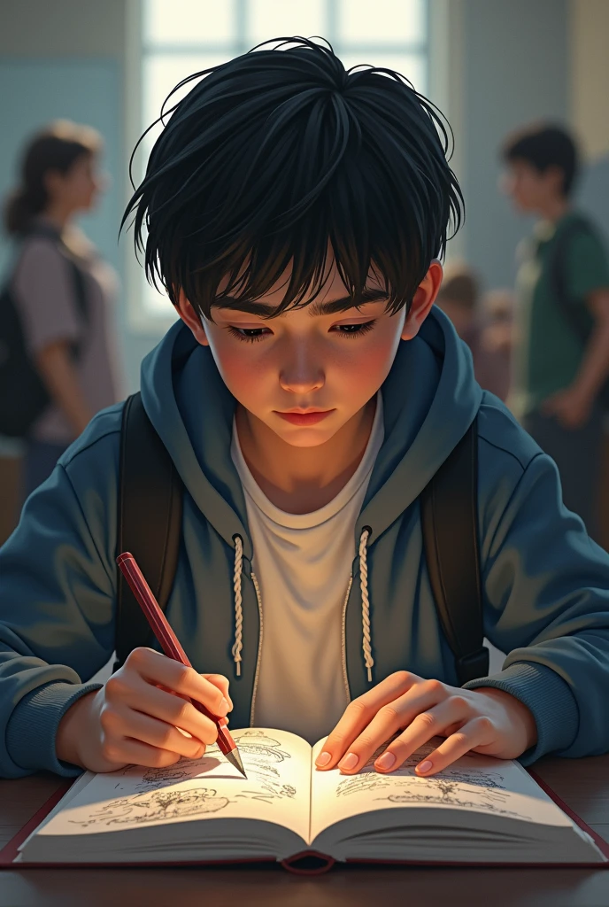 Many mosquito are flying or a boy whom seating in library, wearing L.A. name logo tshirt or holding a Bold language name Raj.Gk book and other students are also seeting his behind, in the background showing a bold language name *Lavansh Library* , watching mosquito with stress face, realistic image