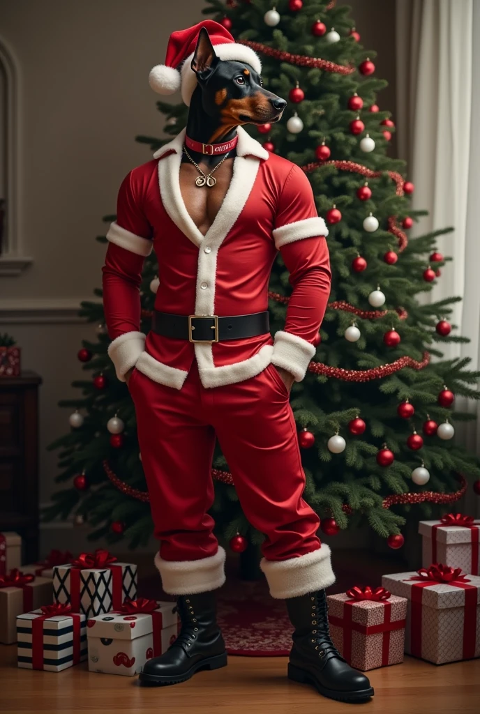 uncropped, full body image, extremely muscular 20-year-old superhero known as Santa Claus with a goatee, wearing a skintight, formfitting, red cowl, a red, skintight, formfitting full bodysuit with a big white "S" on the chest, a red neck bandana, a double holstered utility belt, dark gloves, dark wrist gauntlets, dark knee-high cowboy boots, standing in front of a giant mansion
