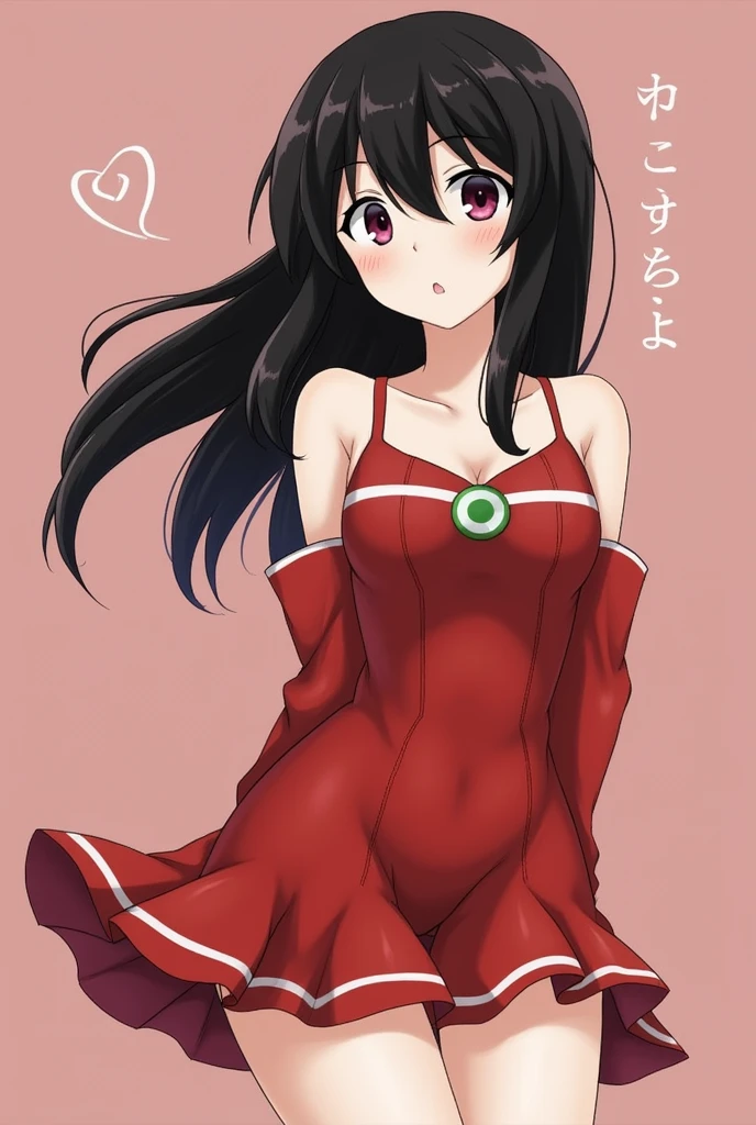 love live!,love live! sunshine!!,kurosawa dia,green eyes,hime cut,black hair,long hair,tsurime, love live! style, pokemon style, female focus on, best detailed girl, focus on face, hand on hip, woman, 20 years old, long black hair, hime cut, ,streching,arms in front breast, extremely detailed,brow a kiss,red cat suits