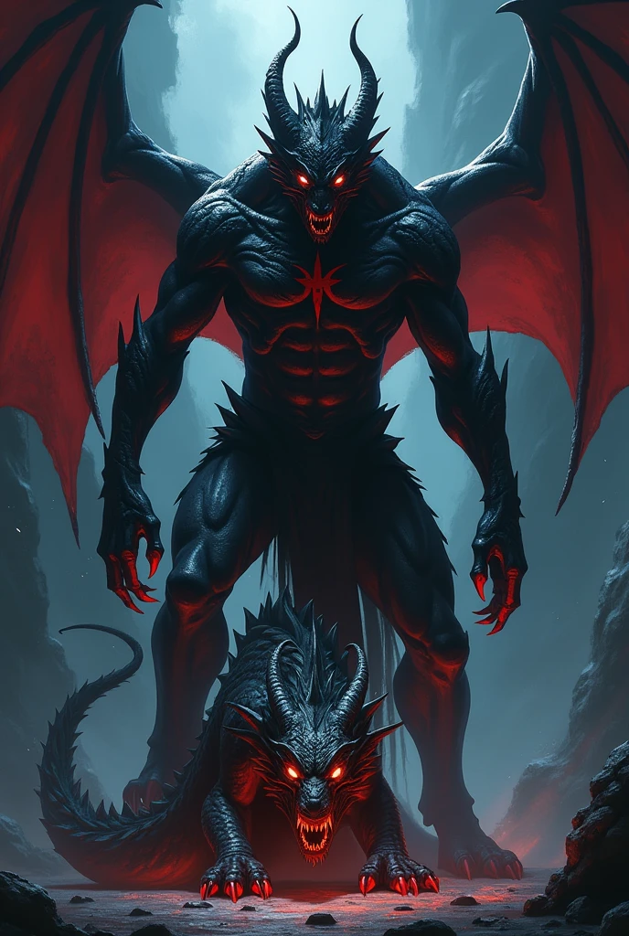 Best Quality, masterpiece, Ultra High Resolution, Detailed Background, (furry male), ( Black Cerberus furry ), metalic body, demonic, underground cave scenery, red glowing eyes, two pair of eyes, Anubis, muscle, (cracked belly:1.2, cracked arms:1.2), cracked chest, solo, male, infernal runes, with black fur, steel ribs, mechanical body, armored legs, metal claws, 4 robotic wings, perfect proportion, good anatomy, perfect anatomy