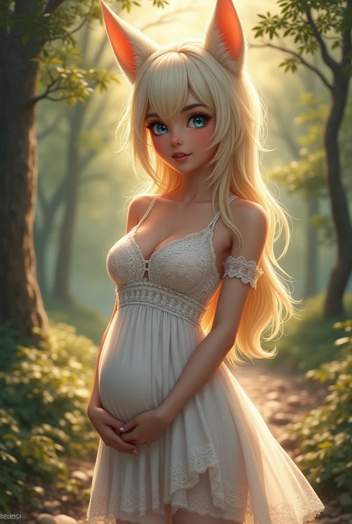 Draw a girl with white hair,white wolf ears and blue eyes, with a big belly 