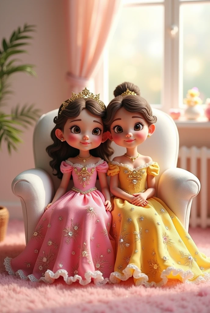  real pinay  2 girls  8 years old short hair with gown princess pink with shoes pink standing background princess pink with flowers  