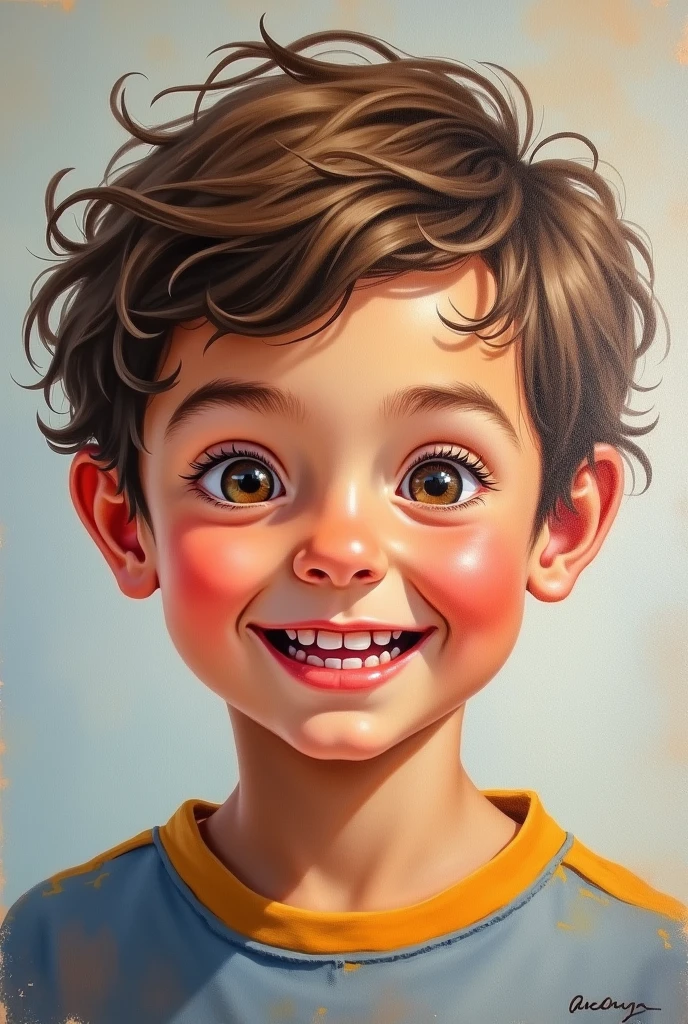 Create a curly haired Italian boy, freckles, piercings in the ears and corner of the mouth, larger than normal canines and an ornament on one of the upper canines
