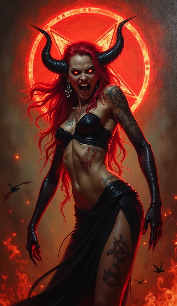 a Ichigo Vasto Lorde  woman with red hair and horns,squatting and her face painted red,Anne Stokes,dark fantasy art,a fine art painting,gothic art,<lora:IchigoVastoLorde:0.7>,blood drip walls,