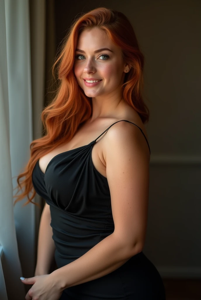 1girl in, age35, Solo, Aesthetic artwork, irish redhead, wavy ginger hair, shoulder length ginger hair, gray eyes, light grey eyes, some small freckles, pale skin, huge breasts, very big , big bust, runners body, (textured skin, skin pores:1.1), (moles:0.8), imperfect skin, goosebumps, sitting down having coffee, drinking coffee, (extremely detailed 8k wallpaper), soft lighting, high quality, film grain, Fujifilm XT3 sharp focus, f 5.6, 50mm, High Detail, Sharp focus,(natural light), in a black colored dress. A black sundress, floral pattern sundress, crazy details, complex details, hyperdetailed, nude, nipple