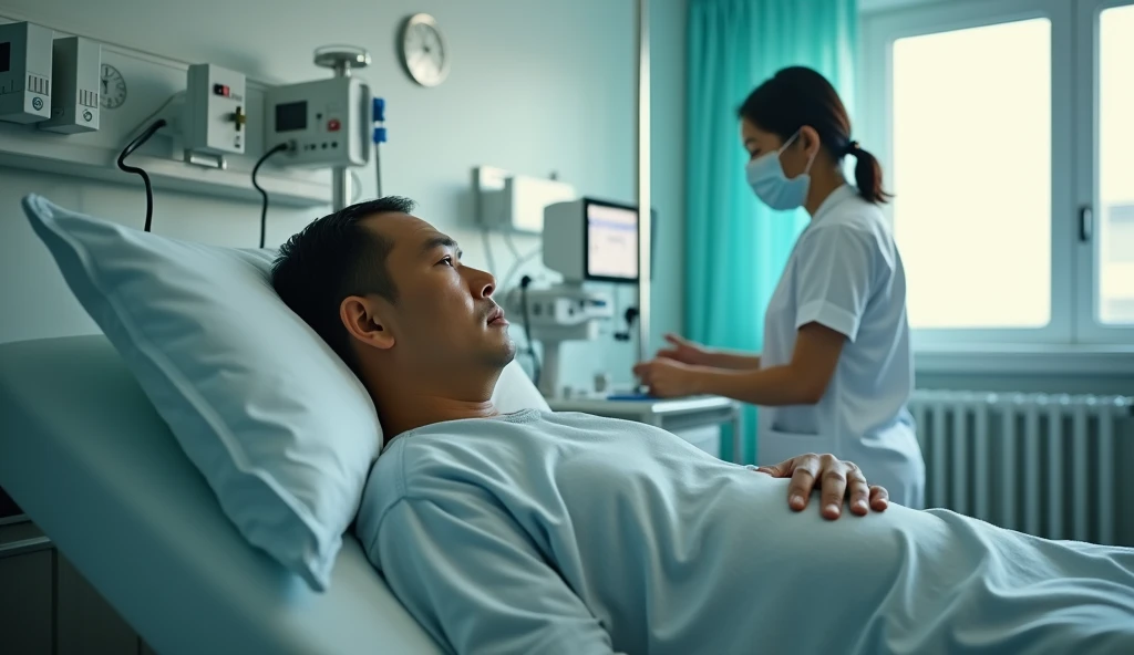 A hyper-realistic image of a 30-year-old pregnant Indonesian man with a serious expression, lying on a hospital bed in a maternity ward. He is connected to monitoring equipment, wearing a light hospital gown, and looking directly at the nurse, who is checking his vitals. The room features modern medical devices, a wall clock, and a window with daylight streaming in. Captured with a Leica SL2, using a 28mm wide-angle lens, emphasizing the depth of the room and the subject’s stern expression. High-definition rendering, sharp textures, and lifelike lighting create a somber and intense mood.