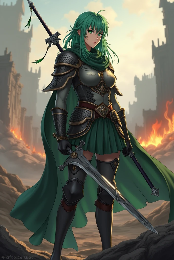masterpiece, 4K, best quality, fembyleth, light green hair, green eyes, detached collar, black cape, black crop top, breastplate, tassel, belt, short shorts, gauntlets, patterned pantyhose, high heel boots, standing, sunset, field, hair blowing in the wind, from side <lora:byleth-nvwls-ver5-000014:0.9>