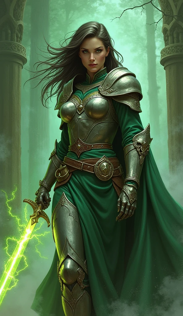 Elaborate border, light skinned medium height desi woman, she is wearing hooded rogue armor, she has short straight black hair parted to a side, she has green eyes, she is standing in front of an eclipse, she is wearing metallic boots, she is holding a pitch black dagger, she has no makeup, background of dark smoke, good anatomy, dynamic pose, good proportions, modern style, vector, highly detailed, intricate, masterpiece, realistic, professional, Dark Fantasy, d&d, replace all gold in image with silver (centered), (well framed), vector-art, gradient color, detailed, realistic, professional art masterpiece, (Art Nouveau), Illustration by Alphonse Mucha, (vector-art:1.1) Negative prompt