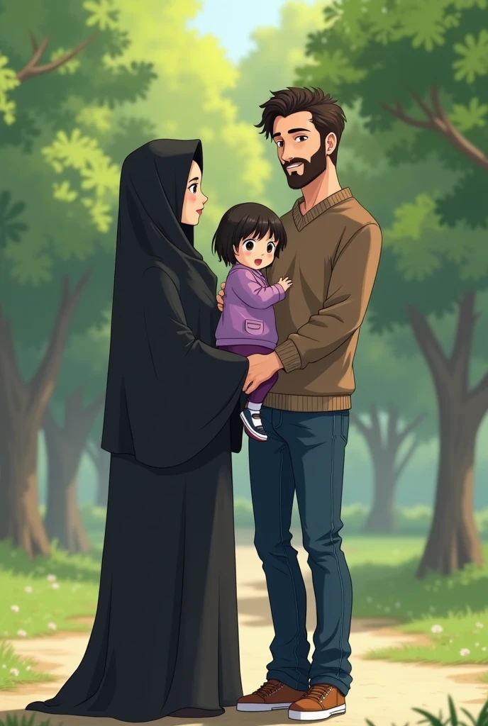 6 members family a tall heighted girl in a hijab and another normal teen with hijab and another small girl in casual wear with her hair short open with their mom in niqab and abaya and a  small boy and their dad they are in snow area for their vacations 