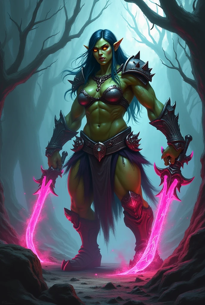 Female Orc Barbarian, toned muscles is defined, full Body Art, Topaz Eyes, Black Hair, Green Skin, Simple accessories, bear adorned leather clothes.