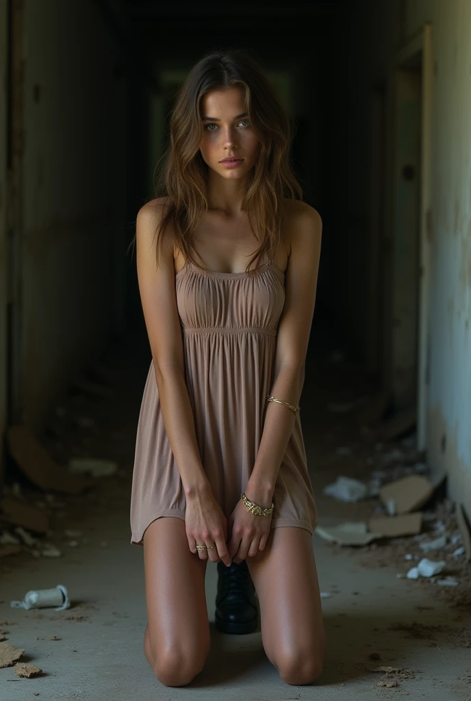 abandoned ruins，Sexy standing pose，Full length portraits（1：1），18 year old girls，Slender and slender figure，skinny，As thin as a whipping post，Smaller bust，Barefoot，Random nudity throughout body，Exhibitionists，Random exposure of genitalace to viewer.